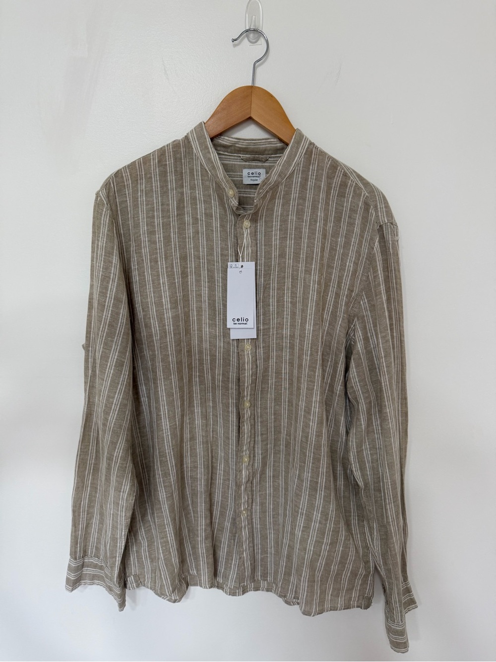 Celio Beige White Striped Linen Blend Grandad Collar Button Up Shirt NWT Men’s L